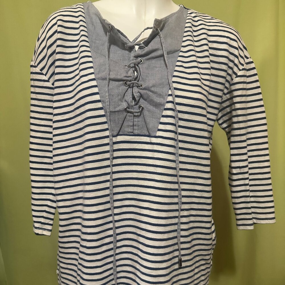 Lacoste Women's Blue White Stripe Blouse Size Medium Cotton